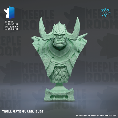 a bust of a Troll Gate Guard, a character from the video game Meeple Room. The bust is made of a green material and is displayed against a dark background.
