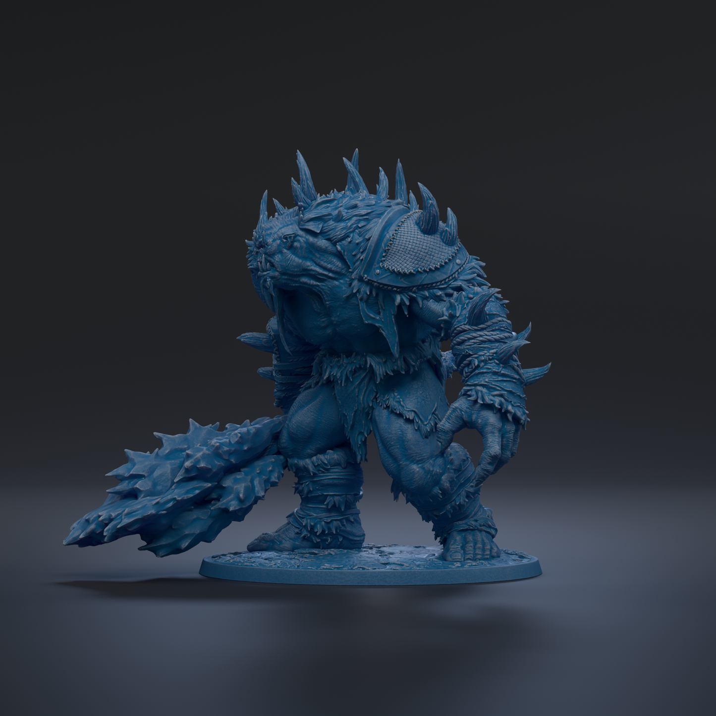A 3D rendering of a blue, armored creature with spikes on its back, standing on a platform and holding a large, spiked object in its hand.