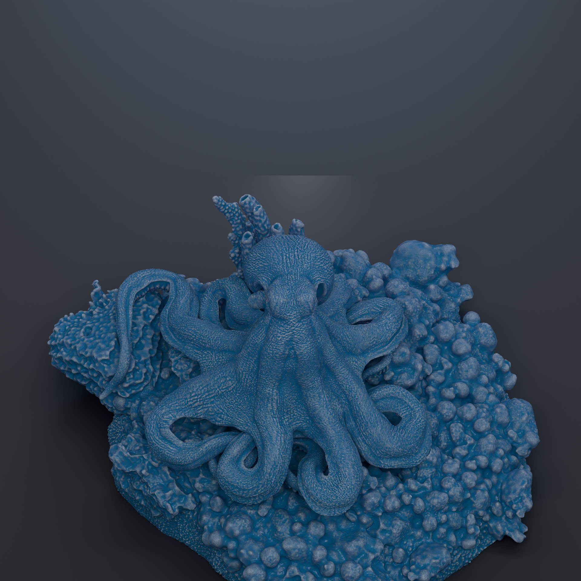 A 3D rendering of a blue octopus with its tentacles spread out, sitting on a surface covered in small bubbles or spheres.