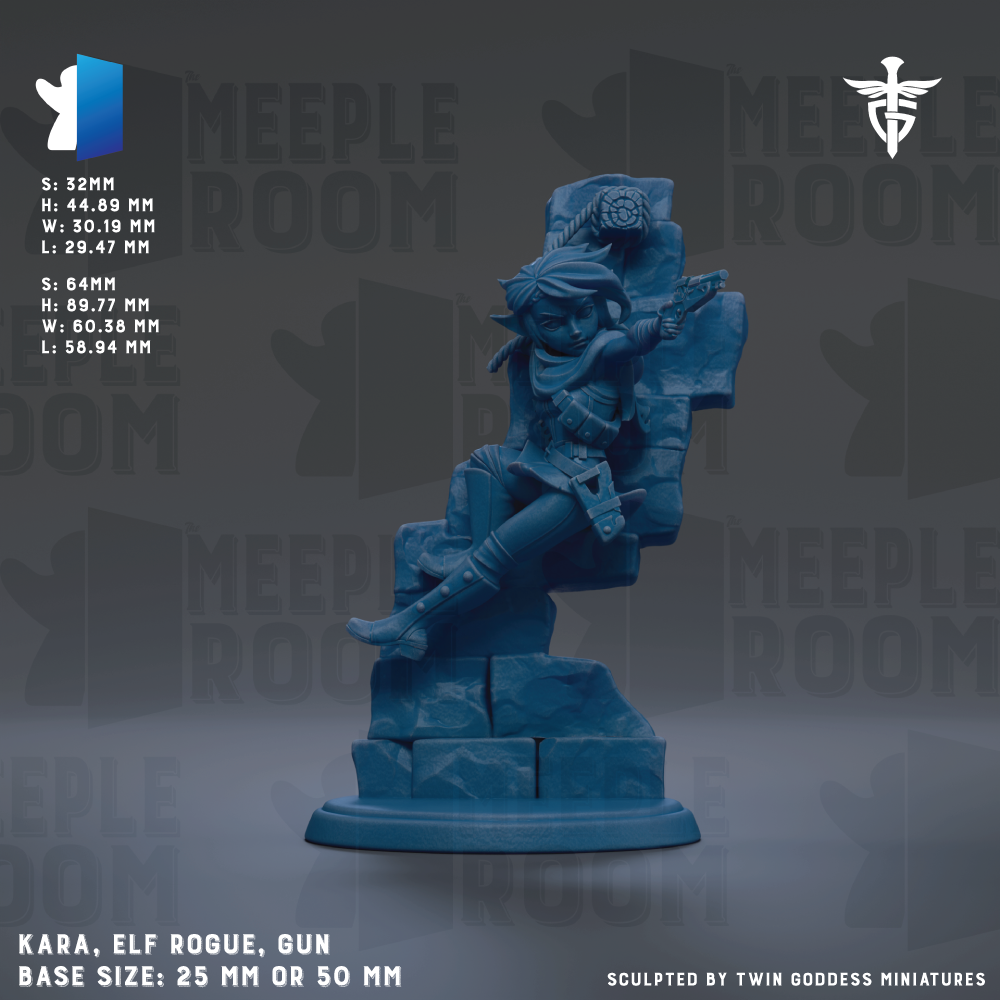 A blue figurine of a character, likely from a video game, is displayed against a dark background. The figurine appears to be a character from the video game "Meeple Room". The image is described as a "meadow" and "meadow room", suggesting it is a part of a larger collection or series. The figurine is described as a "Kara, Elf Rogue, Gun" and has a base size of 25mm or 50mm.