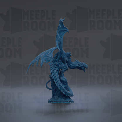 A blue dragon statue with wings spread, standing on a pedestal against a dark background with repeated text.