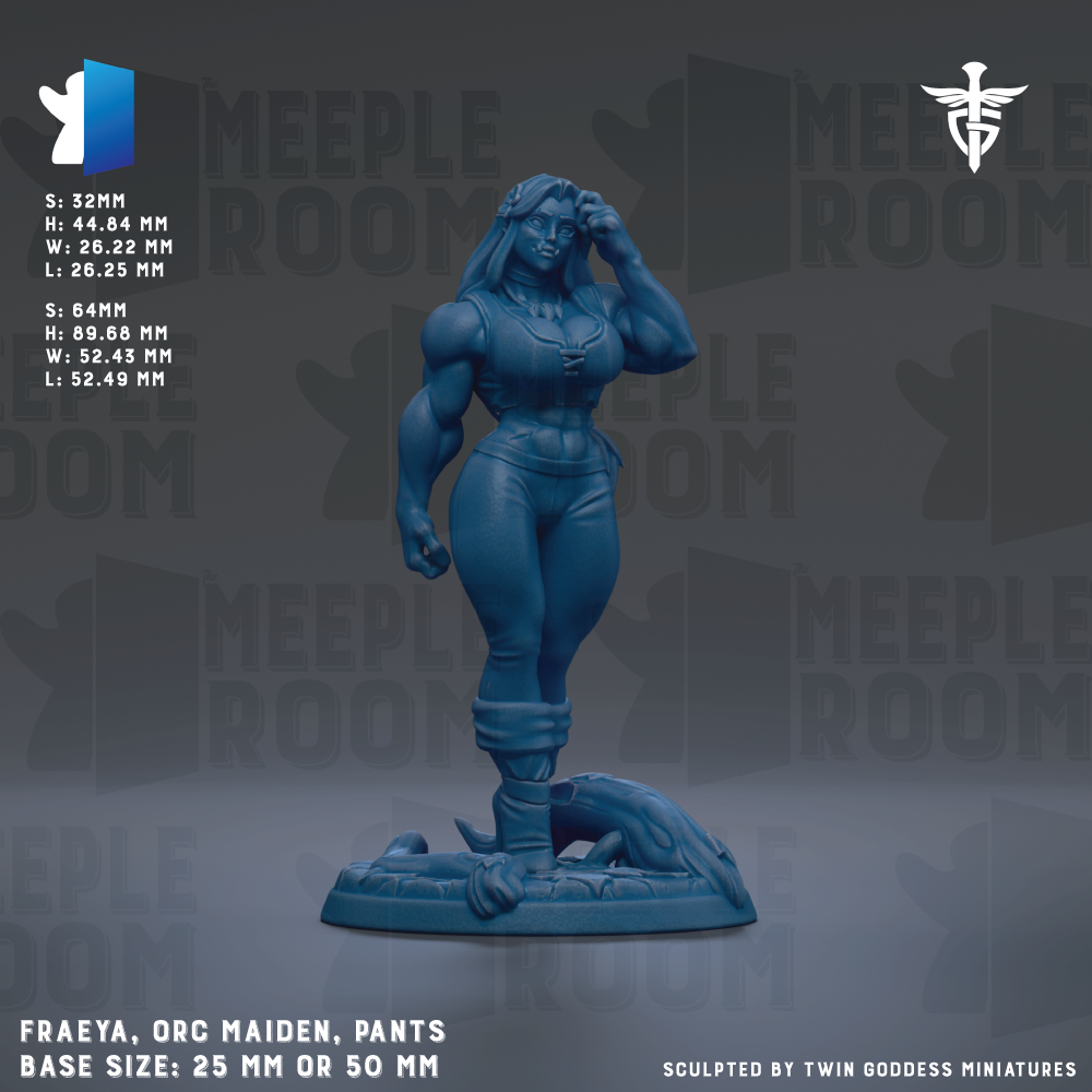 a blue figurine of a female character, likely representing a character from a fantasy or action role-playing game. The figurine is described as "FRAEA, ORC MAIDEN, Pants" and has a base size of either 25mm or 50mm. The image is a collage of multiple images, and the phrase "Sculpted by TWIN GODS MINIATURES" is mentioned at the bottom.