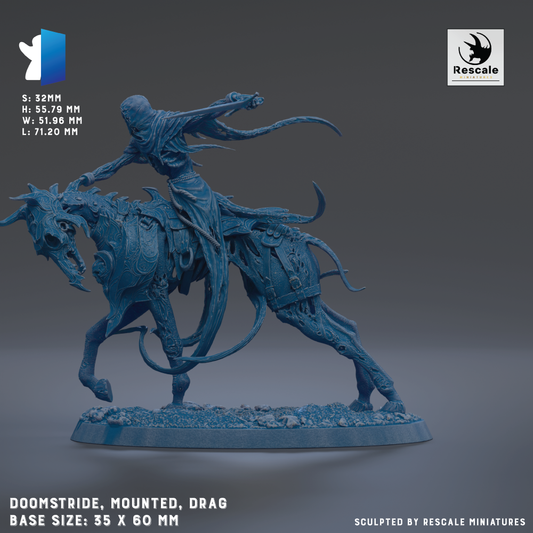 The image is a 3D model of a fantasy character, specifically a dragon-like creature, mounted on a horse. The base size of the model is 35 x 60 mm. The character is shown in a dynamic pose, with its head turned to the side and its body leaning forward. The image is a 3D rendering of the character, and it is described as a sculpted by Rescale miniature.