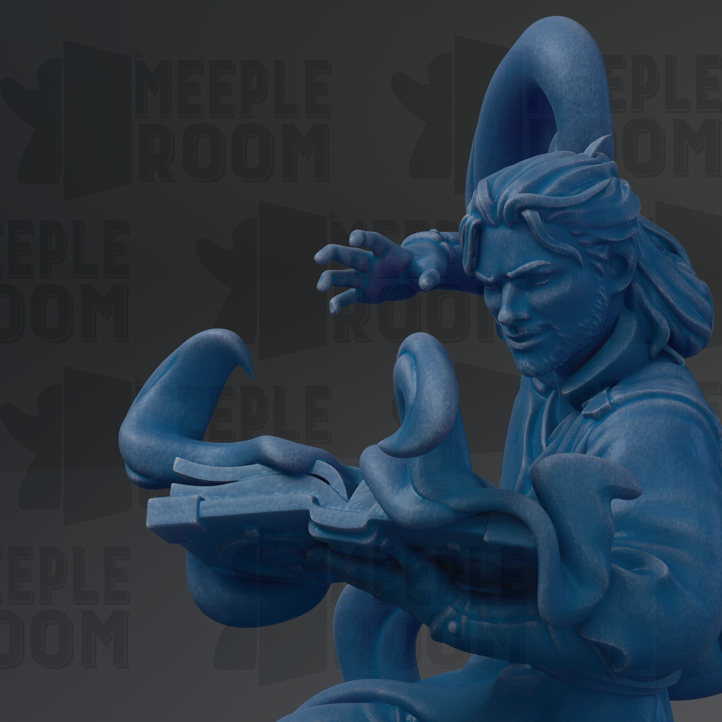A close-up view of a blue, sculpted figure holding a book, with the text "MEEPLE ROOM" visible in the background.
