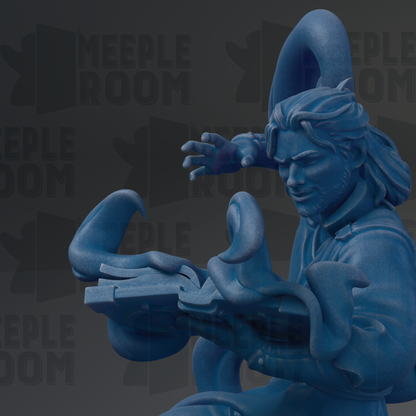 A close-up view of a blue, sculpted figure holding a book, with the text "MEEPLE ROOM" visible in the background.