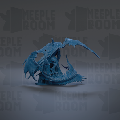 A blue dragon figurine is displayed against a dark background with repeated text.