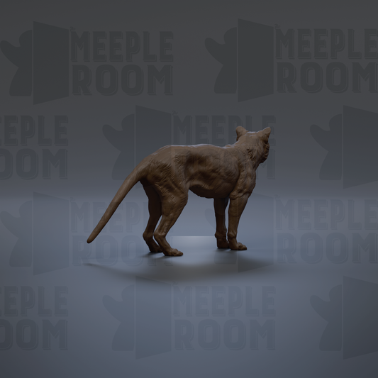 A 3D rendering of a cat-like creature, possibly a feline or a small mammal, standing on a gray surface against a dark background with repeated text.