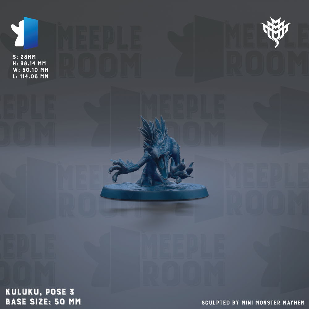 a blue figurine of a creature with a long neck and sharp teeth, sitting on a base. The figurine is the main focus of the image, and the background is a dark gray color with the text "MEIPLE ROOM" repeated multiple times. The image is described as a "collage of multiple images" and "sculpted by mini monster Mayhem", indicating that it is a creative and unique piece of artwork.