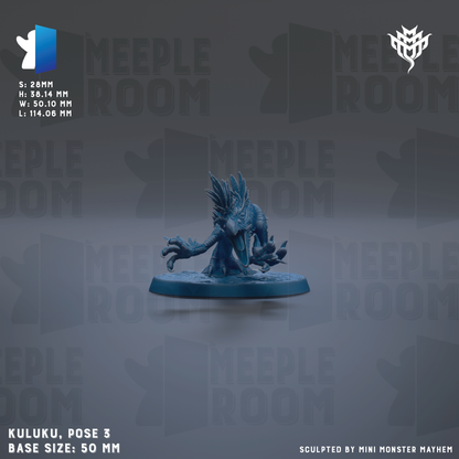 a blue figurine of a creature with a long neck and sharp teeth, sitting on a base. The figurine is the main focus of the image, and the background is a dark gray color with the text "MEIPLE ROOM" repeated multiple times. The image is described as a "collage of multiple images" and "sculpted by mini monster Mayhem", indicating that it is a creative and unique piece of artwork.
