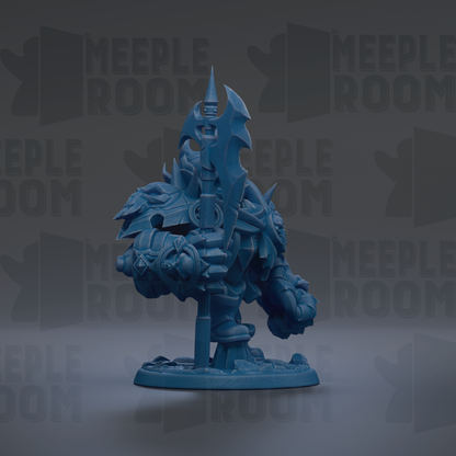 A blue, 3D-rendered fantasy character with a large, sharp weapon and intricate details, standing on a base.