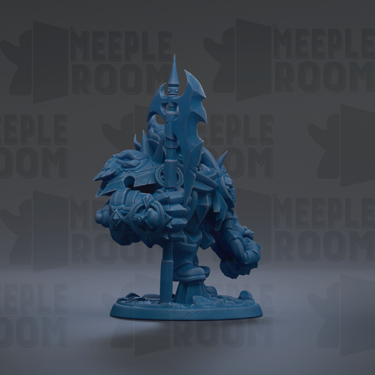 A blue, 3D-rendered fantasy character with a large, sharp weapon and intricate details, standing on a base.