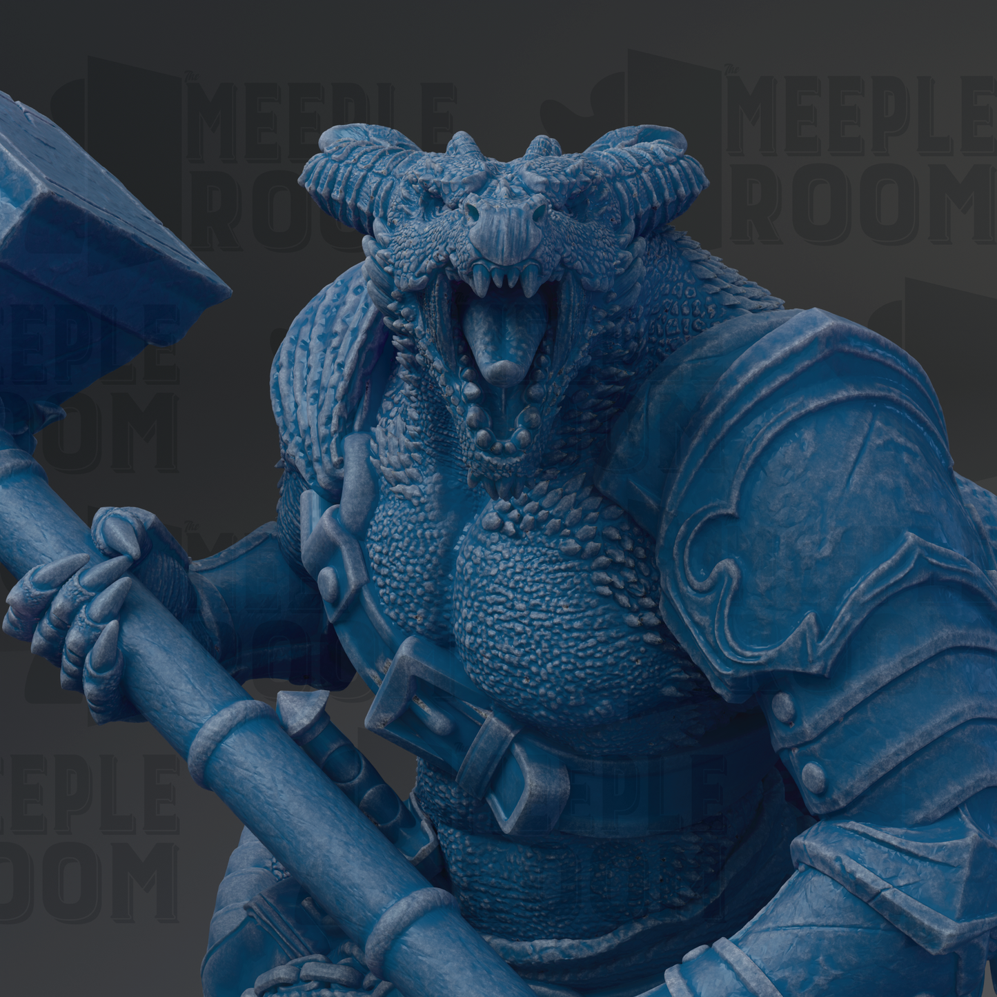 A close-up of a blue, armored dragon statue with its mouth open, holding a large hammer.