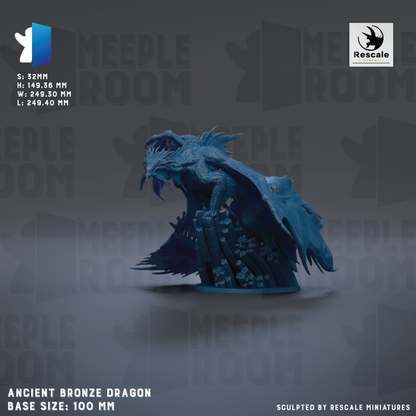 The image is a 3D rendering of an Ancient Bronze Dragon figurine, with a base size of 100 mm. The dragon is depicted in a dynamic pose, with its wings spread wide and its head turned to the side. The background features the text "MEEPLE ROOM" repeated multiple times, suggesting the dragon is part of a larger collection or series.