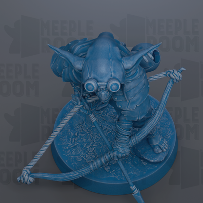 A blue, 3D-rendered fantasy character with a bow and arrow, wearing a helmet with goggles, standing on a base.