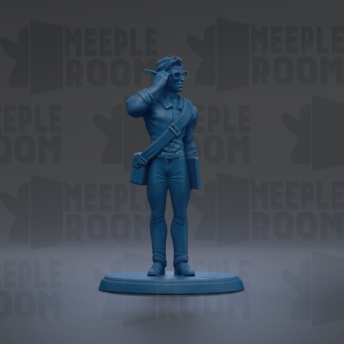 A blue figurine of a person standing on a platform, wearing glasses and holding a book.