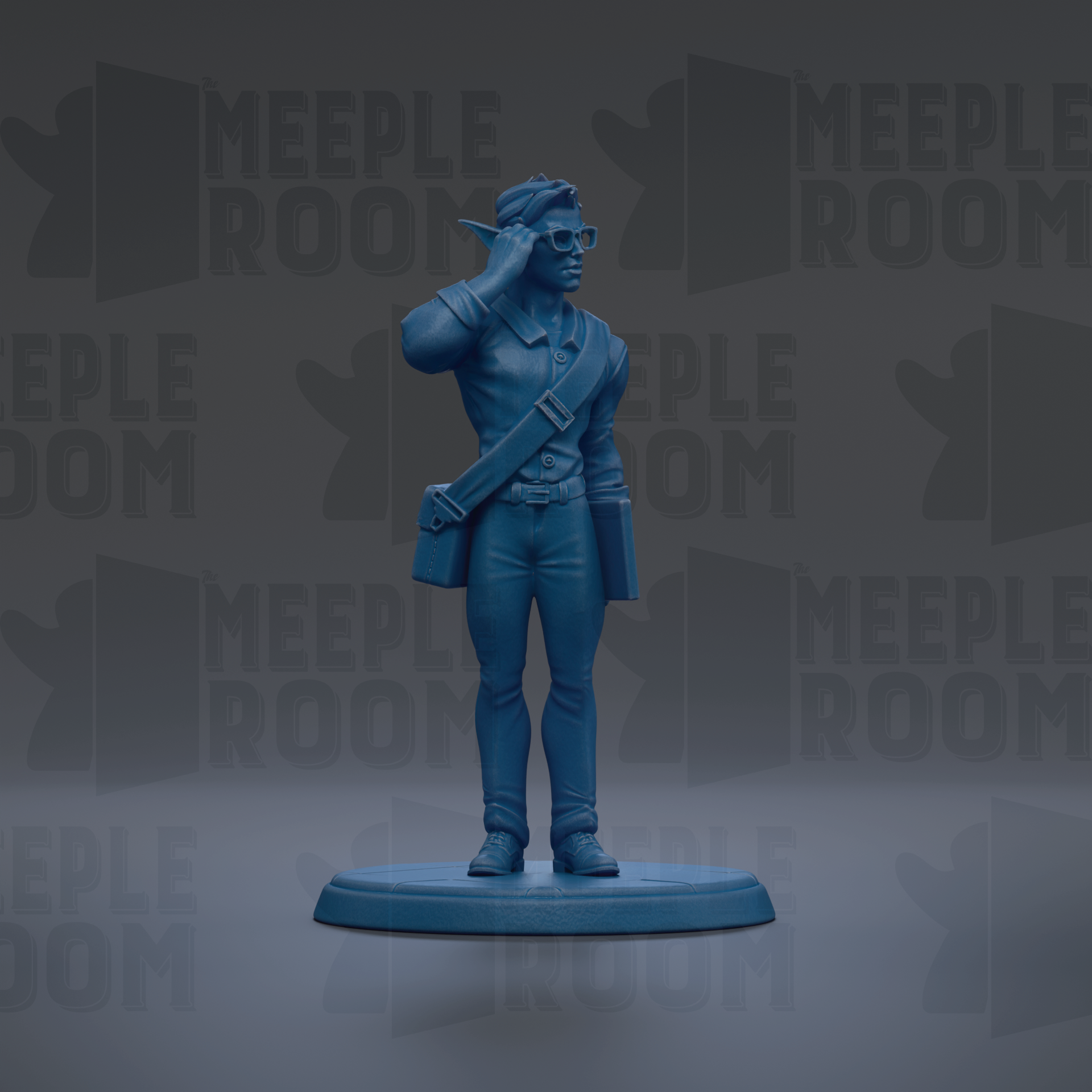 A blue figurine of a person standing on a platform, wearing glasses and holding a book.