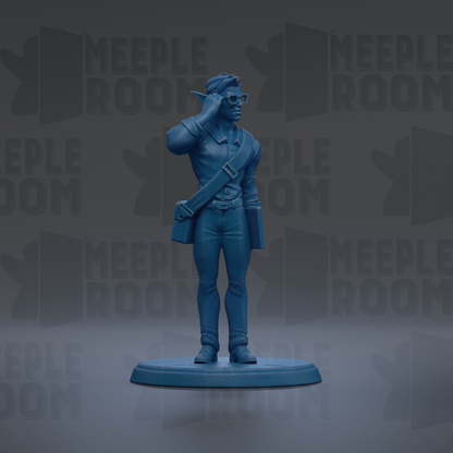 A blue figurine of a person standing on a platform, wearing glasses and holding a book.
