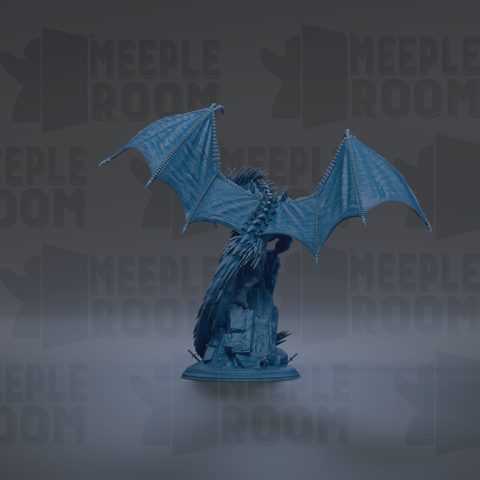 A blue dragon figurine with outstretched wings is the central focus of the image.
