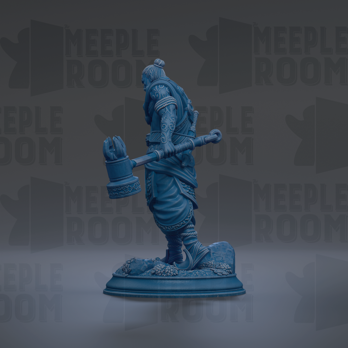 A blue statue of a warrior figure holding a large hammer, standing on a platform against a dark background with repeated "MEIPLE ROOM" text.