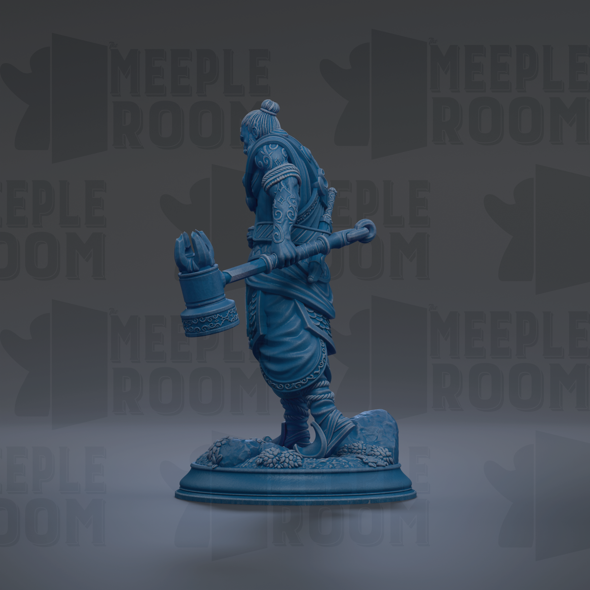 A blue statue of a warrior figure holding a large hammer, standing on a platform against a dark background with repeated "MEIPLE ROOM" text.