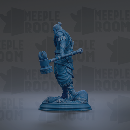 A blue statue of a warrior figure holding a large hammer, standing on a platform against a dark background with repeated "MEIPLE ROOM" text.