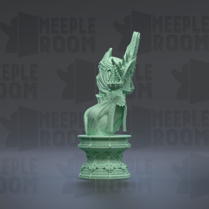 A green statue of a woman with a flowing dress and headdress, standing on a pedestal against a dark background with repeated text.