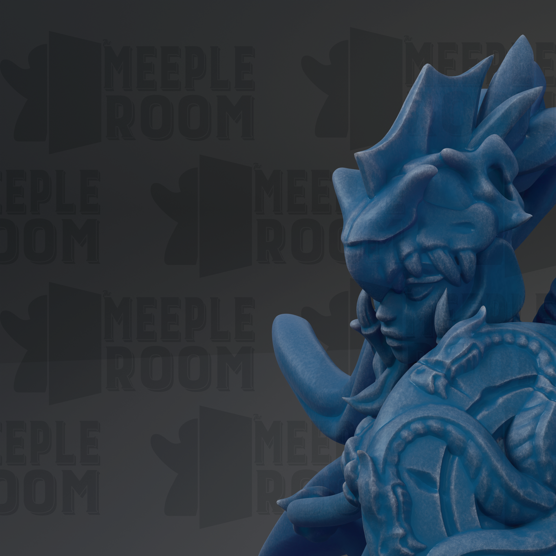 A blue, fantastical creature with intricate details and a fierce expression is prominently featured against a dark background with repeated text.
