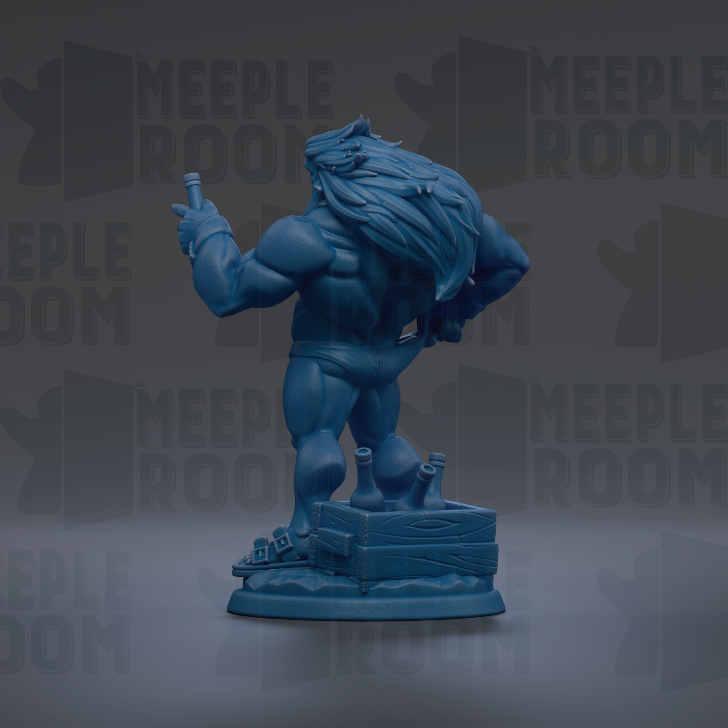 A blue statue of a muscular, bearded figure holding a bottle, standing on a platform with a crate and other objects.