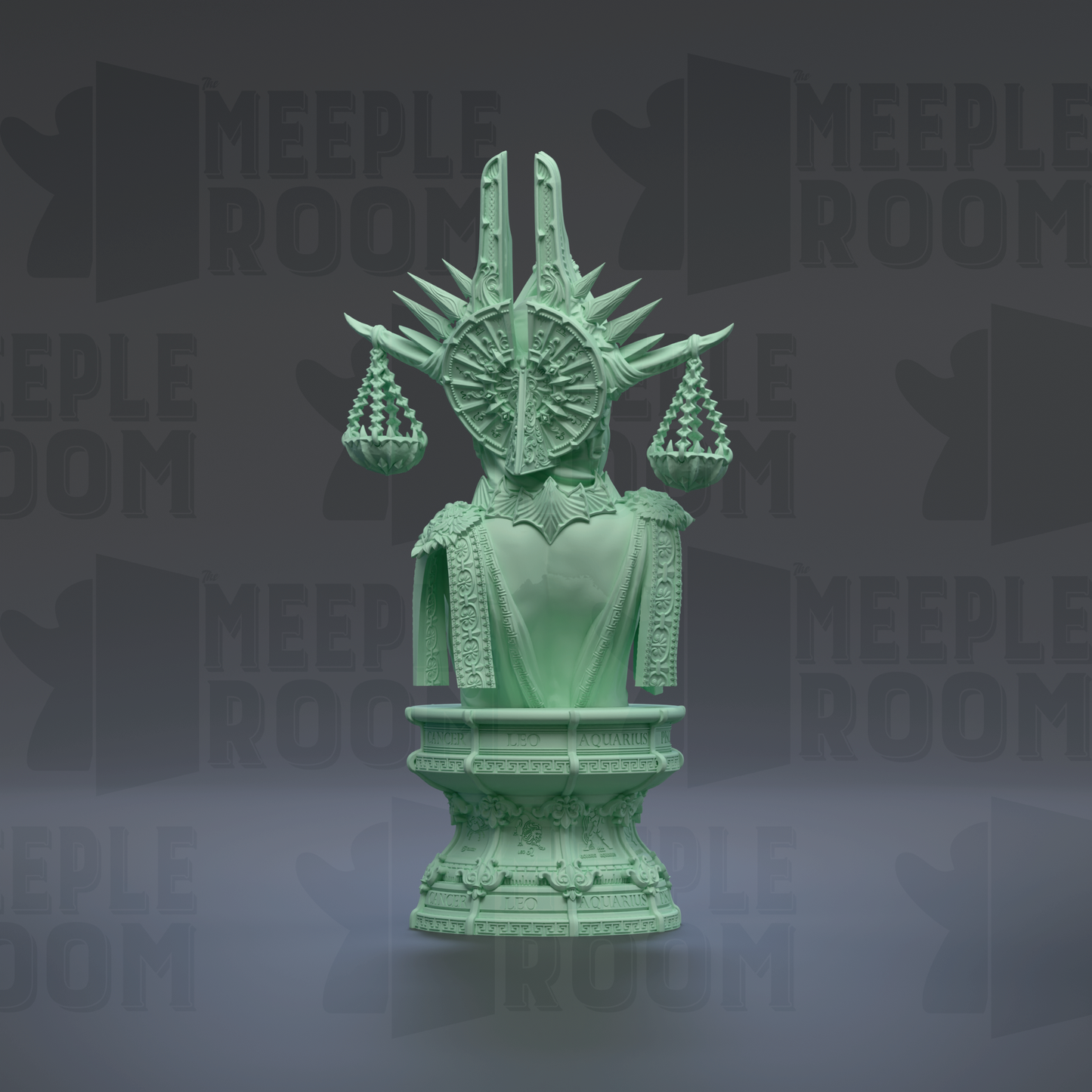 A green statue of a lion with a crown and scales on its head, standing on a pedestal.