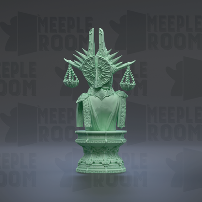 A green statue of a lion with a crown and scales on its head, standing on a pedestal.