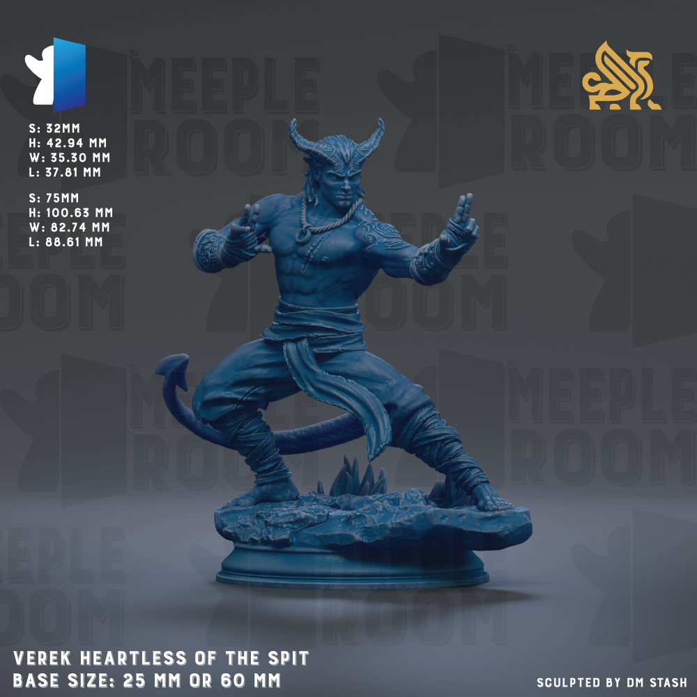 a blue statue of a muscular, horned figure with a determined expression, standing on a rock formation. The statue is described as "VERECK HEARTLESS OF THE SPIT" and is shown in various sizes, including 25mm and 60mm. The image is a collage of multiple images, and the phrase "Sculpted by DM Stash" is mentioned at the bottom.