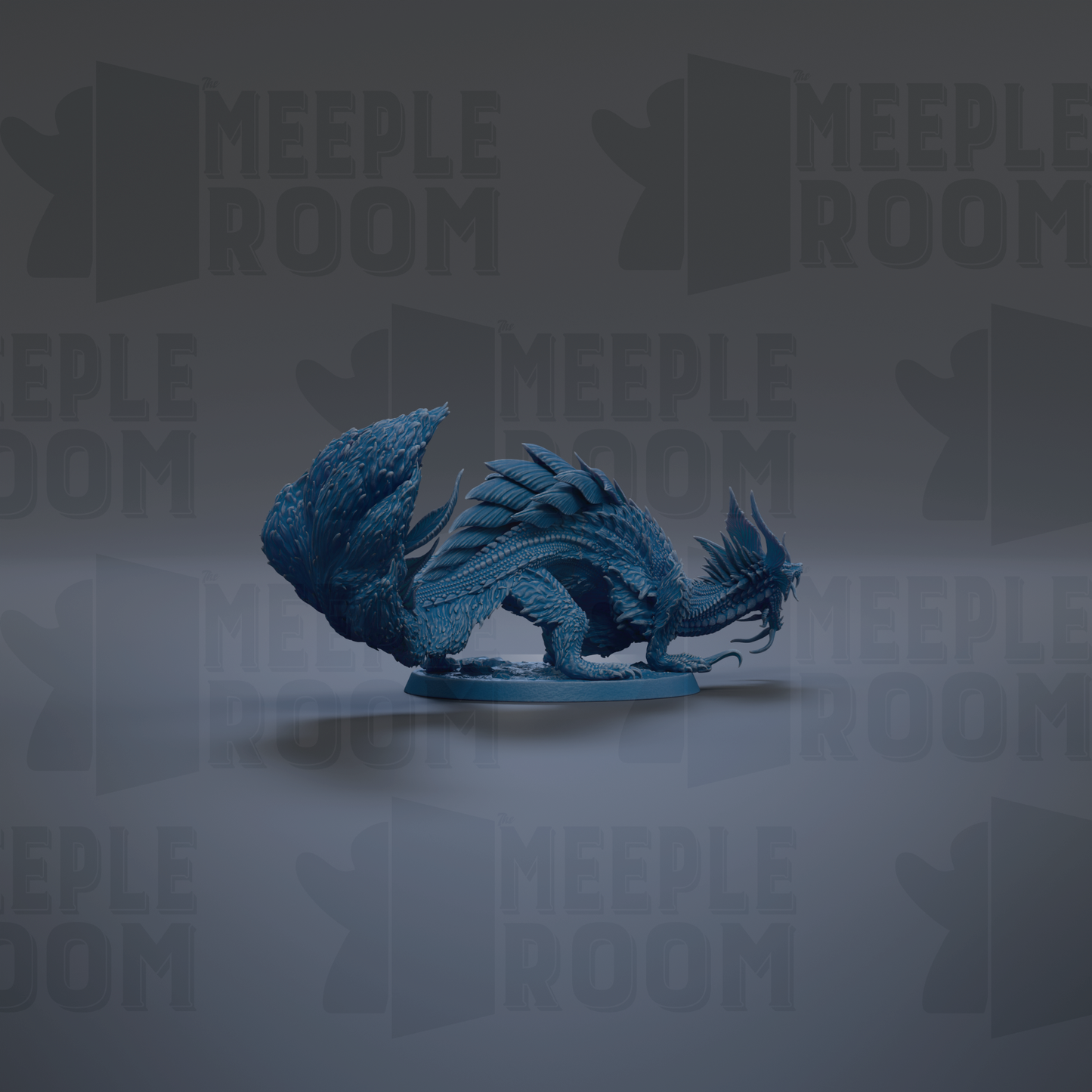A blue dragon figurine is displayed against a dark background with repeated text.