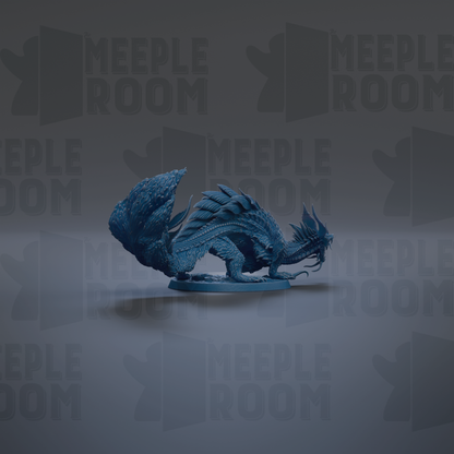 A blue dragon figurine is displayed against a dark background with repeated text.