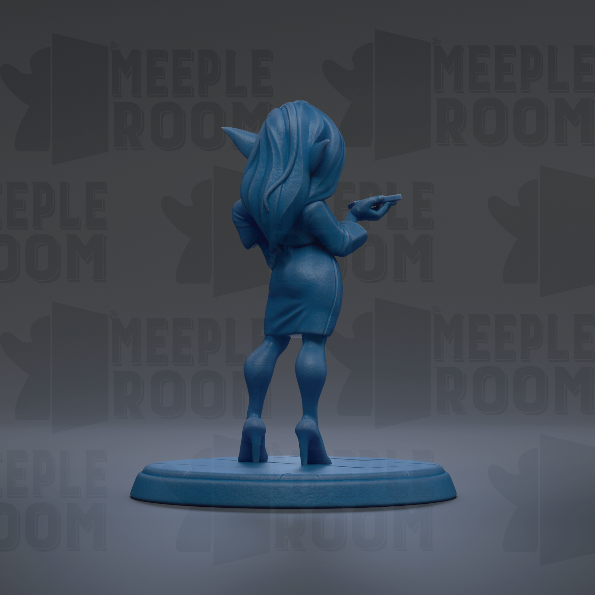 A blue figurine of a woman with long hair and a skirt is standing on a blue base against a gray background with repeated "MEIPLLE ROOM" text.