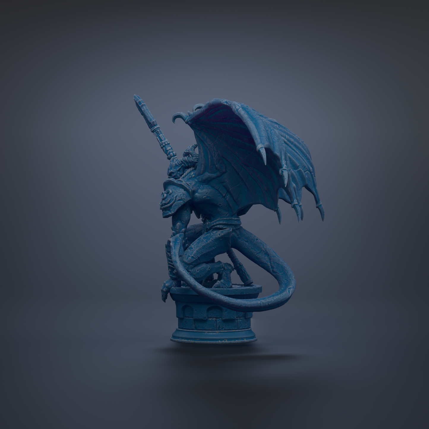 A dark blue, winged statue of a dragon-like creature with a sword in its hand, standing on a pedestal against a dark background.