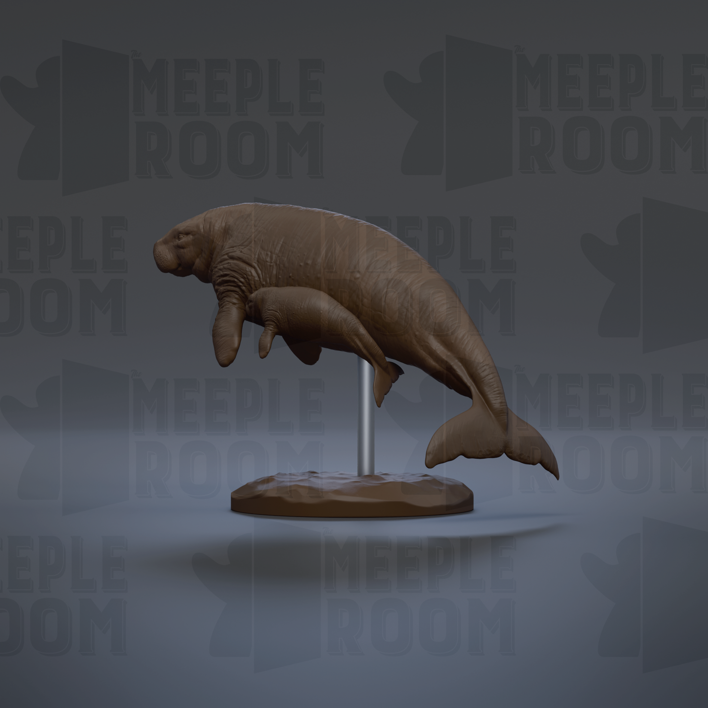A 3D rendering of a manatee sculpture on a stand, with the text "MEUPLE ROOM" repeated in the background.