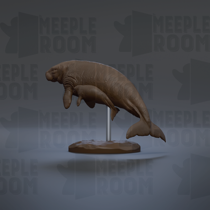 A 3D rendering of a manatee sculpture on a stand, with the text "MEUPLE ROOM" repeated in the background.
