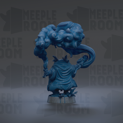 A blue, abstract sculpture with a large, flowing, cloud-like shape and a long, curved object in its hands.