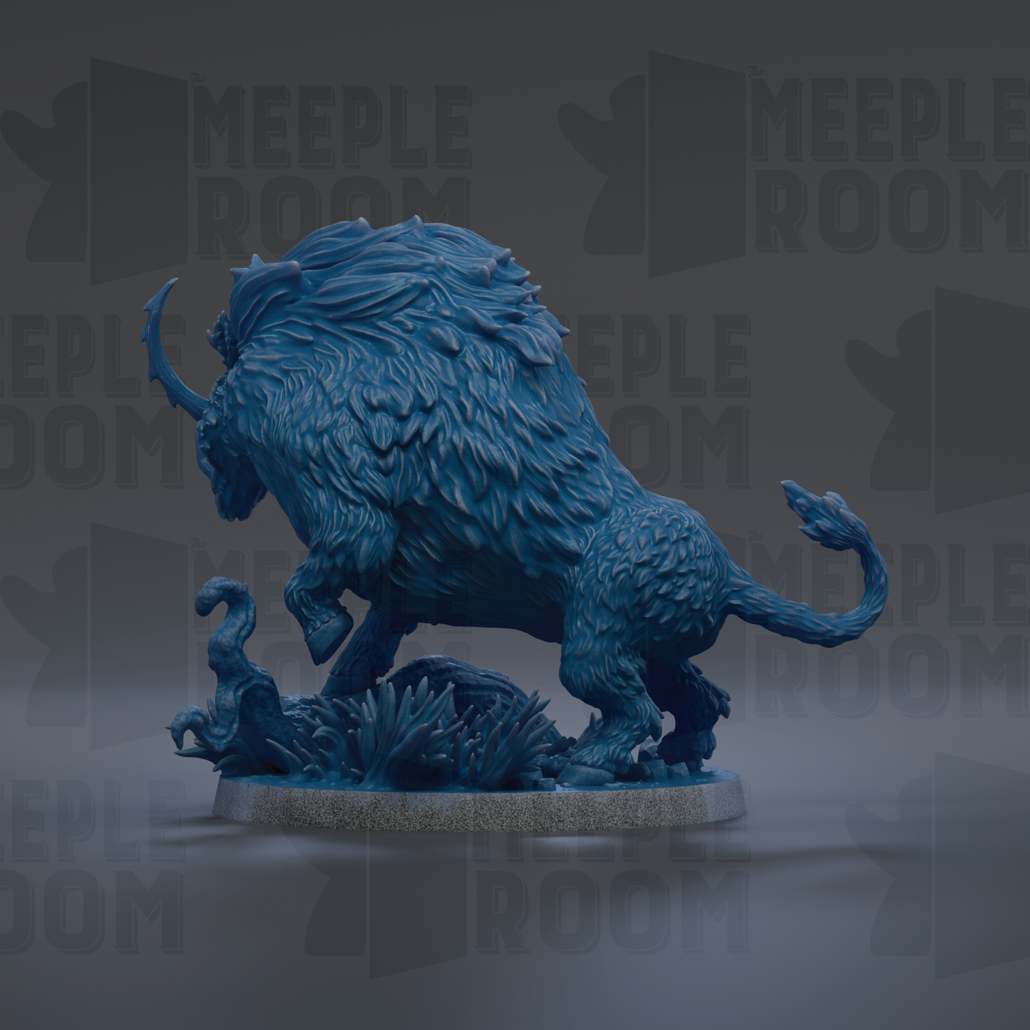 A detailed 3D rendering of a blue, furry creature resembling a mythical or fantastical animal, possibly a dragon or a unicorn, standing on a platform.