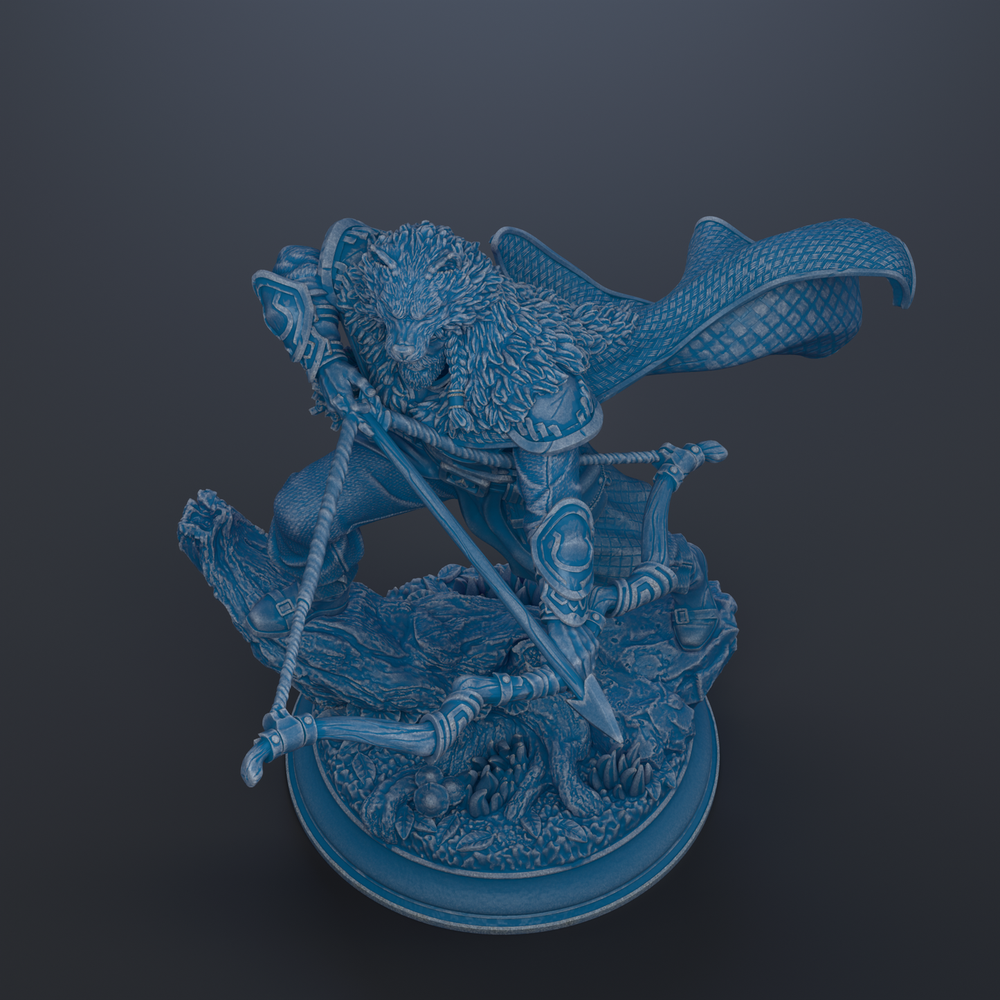 A detailed 3D rendering of a blue and gold statue depicting a fierce-looking creature with intricate patterns and designs.