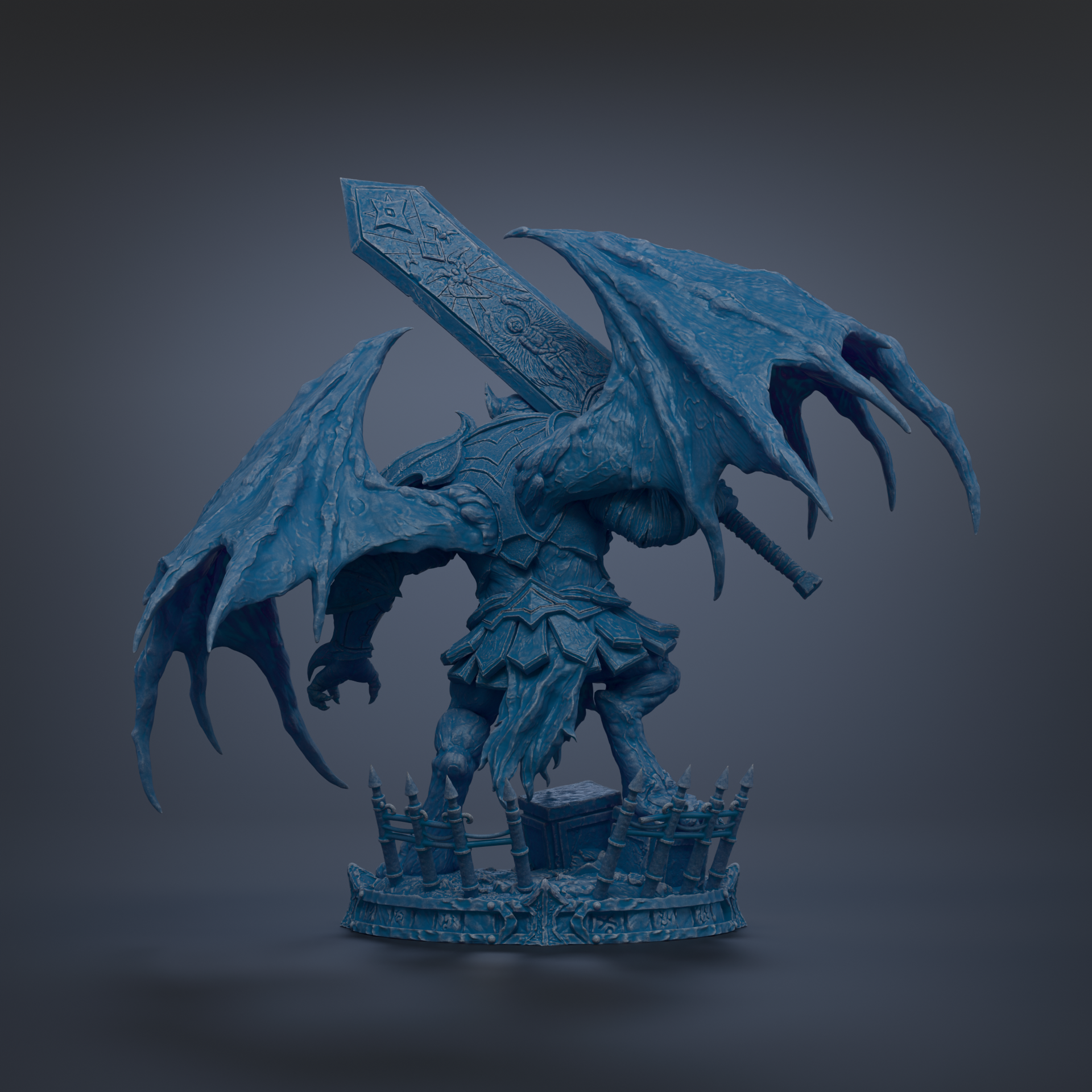 A detailed 3D rendering of a winged, armored dragon statue with a sword in its claws, standing on a pedestal with a castle-like structure.