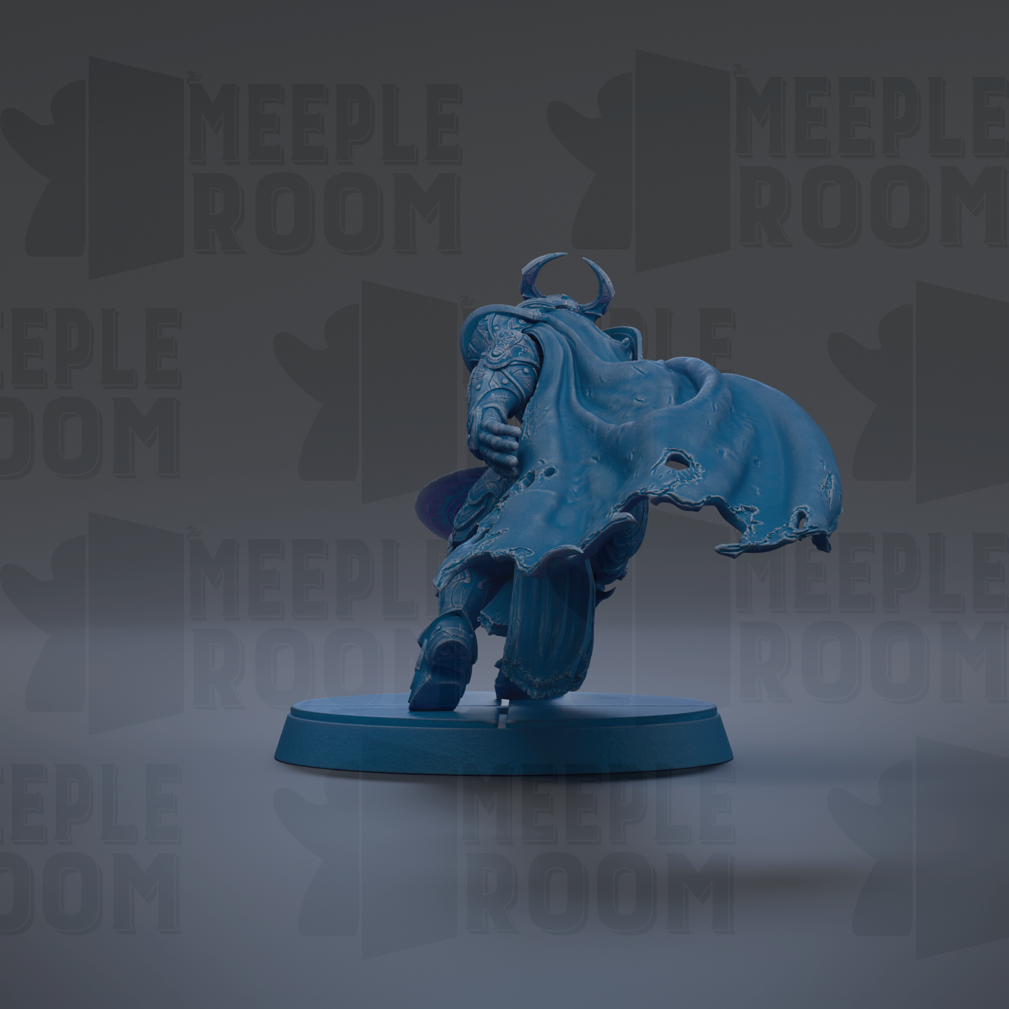 A blue figurine of a person with a cape and horns, standing on a blue base against a dark background with repeated text.