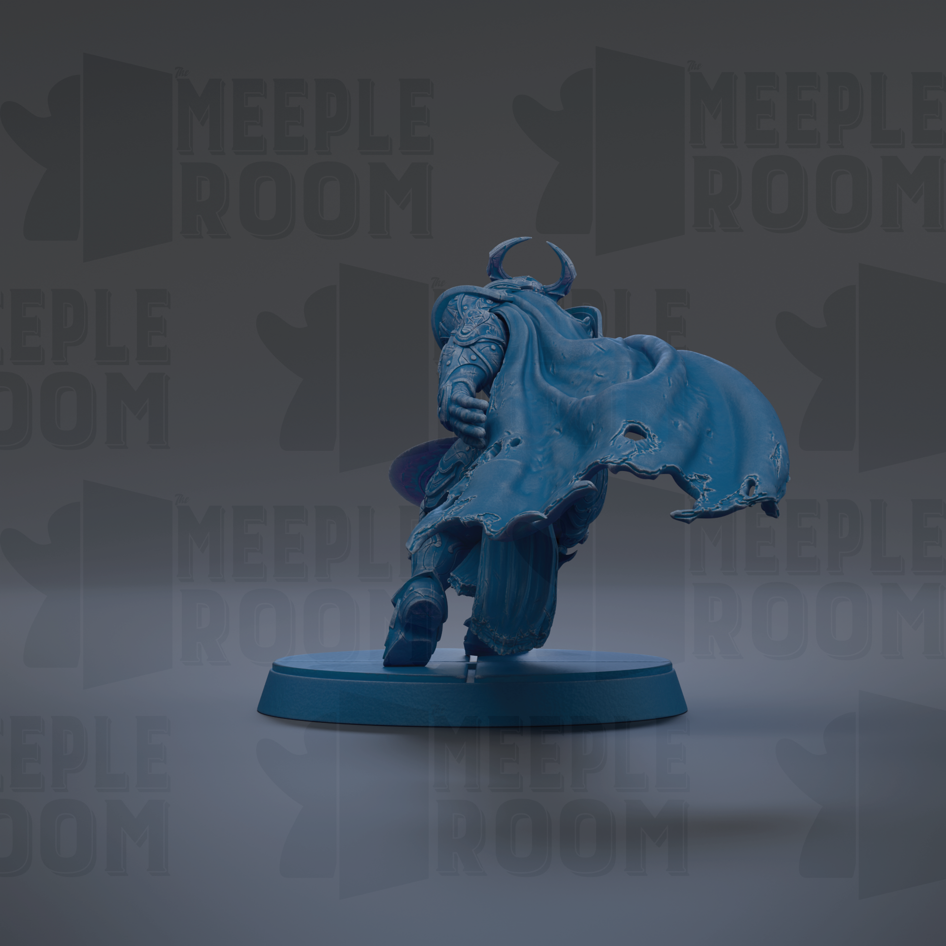 A blue figurine of a person with a cape and horns, standing on a blue base against a dark background with repeated text.