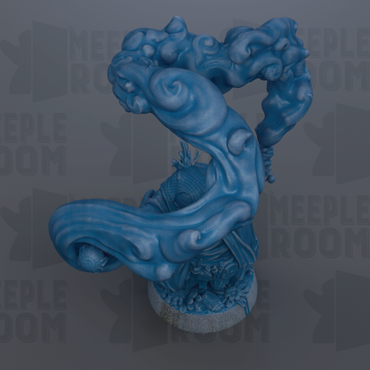 The image is a 3D rendering of a blue, abstract sculpture with a flowing, organic shape.
