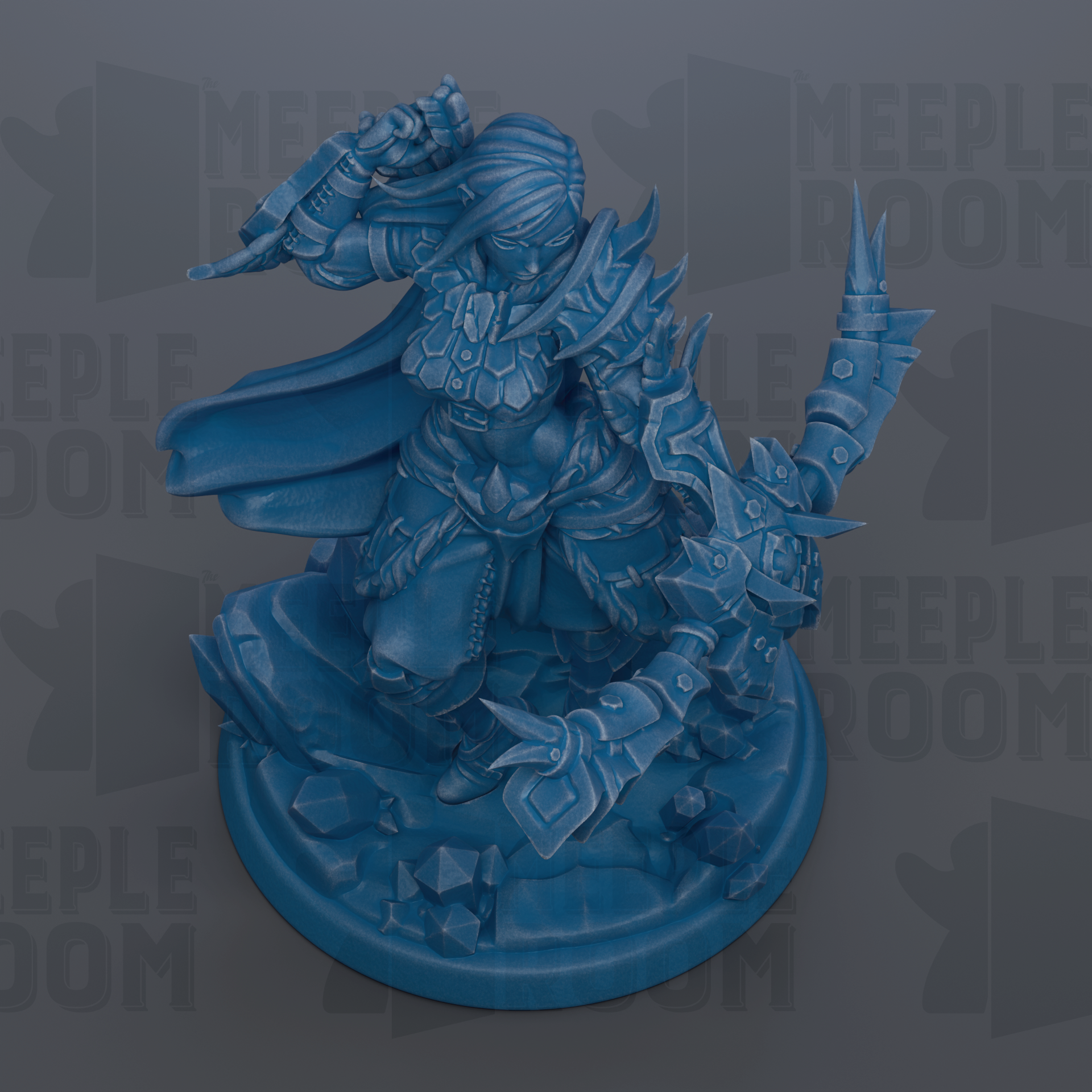 A blue figurine of a warrior-like character with a flowing cape and ornate armor, standing on a base with various weapons and armor pieces.