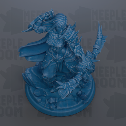 A blue figurine of a warrior-like character with a flowing cape and ornate armor, standing on a base with various weapons and armor pieces.