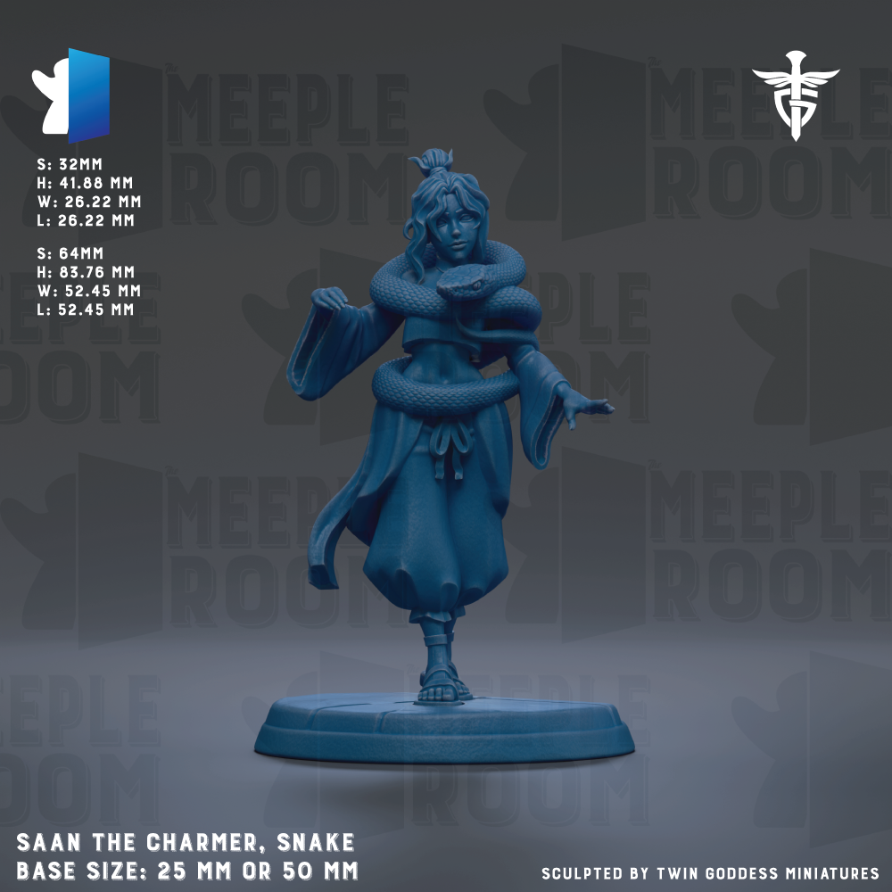a statue of a woman with a snake around her neck, standing on a base. The statue is described as "Saan the Charmer, Snake" and is shown in various sizes, including 25mm and 50mm. The background of the image is a dark gray color, and the text "MEIPLE ROOM" is visible, suggesting the statue is part of a larger collection or exhibition.