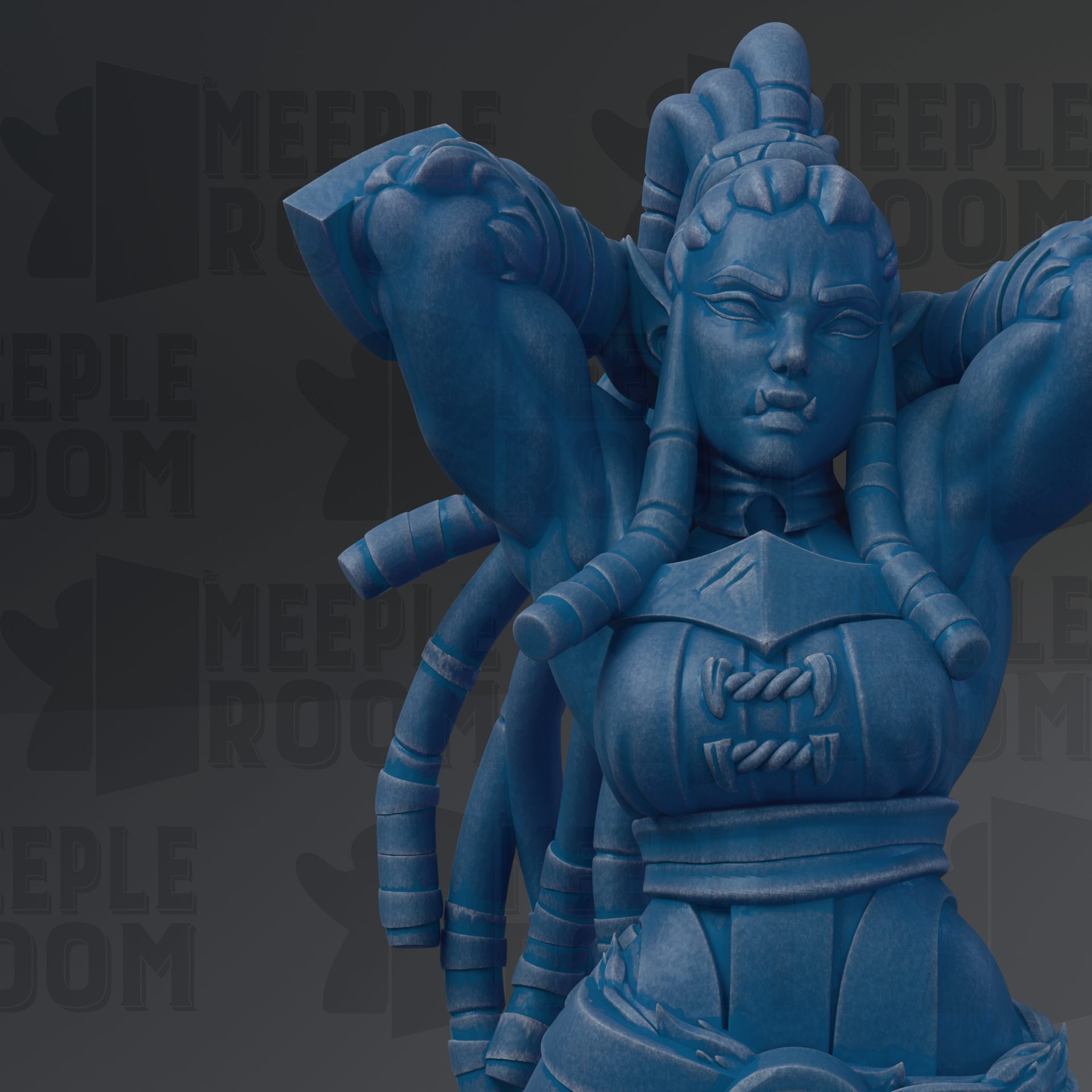 A blue statue of a female character with intricate details and a fierce expression, set against a dark background with repeated text.