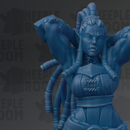 A blue statue of a female character with intricate details and a fierce expression, set against a dark background with repeated text.