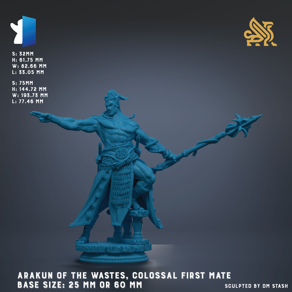 The image is a 3D model of a blue warrior figure, specifically the Arakun of the Wastes, a Colossal First Mate, with a base size of 25 mm or 60 mm.